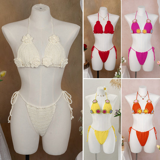 Damen Häkel-Bikini mit verspieltem Blumendesign und verstellbaren Bändern EB