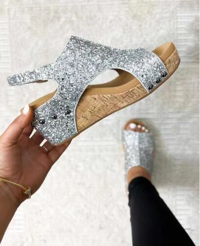 Damen Glamouröse Wedge-Sandaletten mit Glitzer und Korksohle EB