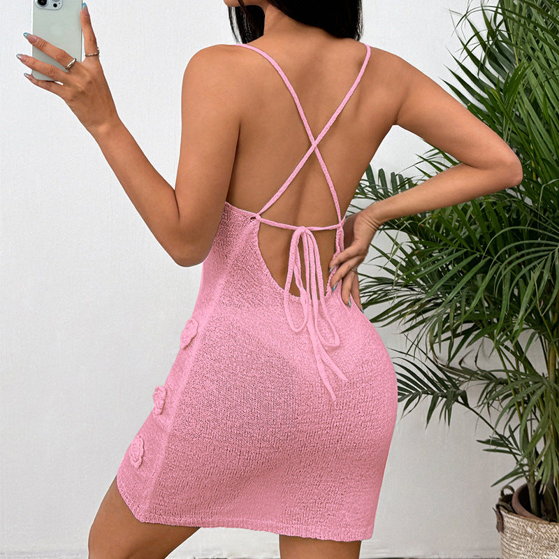 Damen Häkelkleid mit floralen Details und verführerischem V-Ausschnitt EB