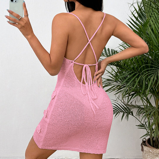 Damen Häkelkleid mit floralen Details und verführerischem V-Ausschnitt EB