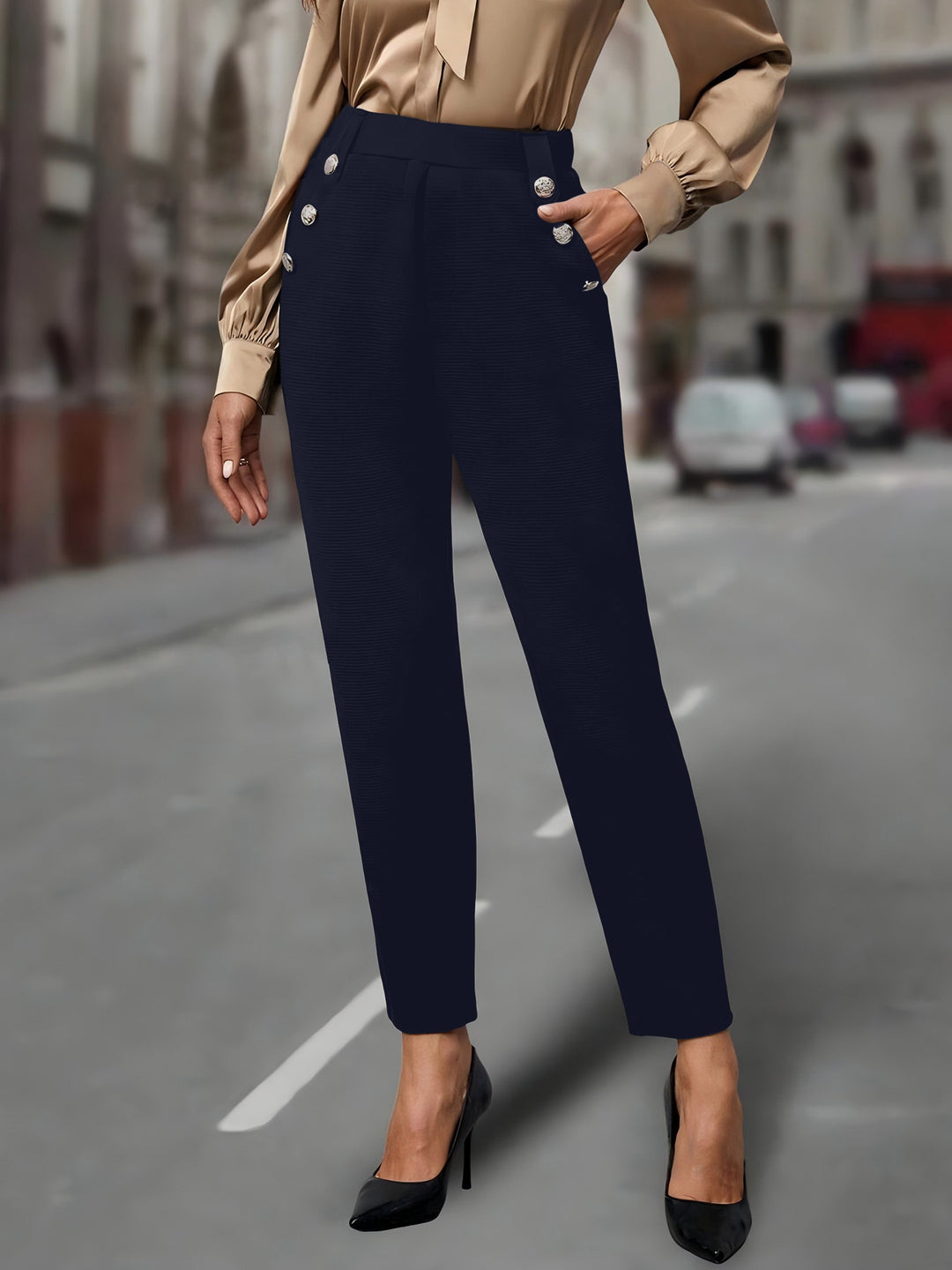 Damen elegante Anzughose mit doppeltem Knopfverschluss und schmalem Bein EB