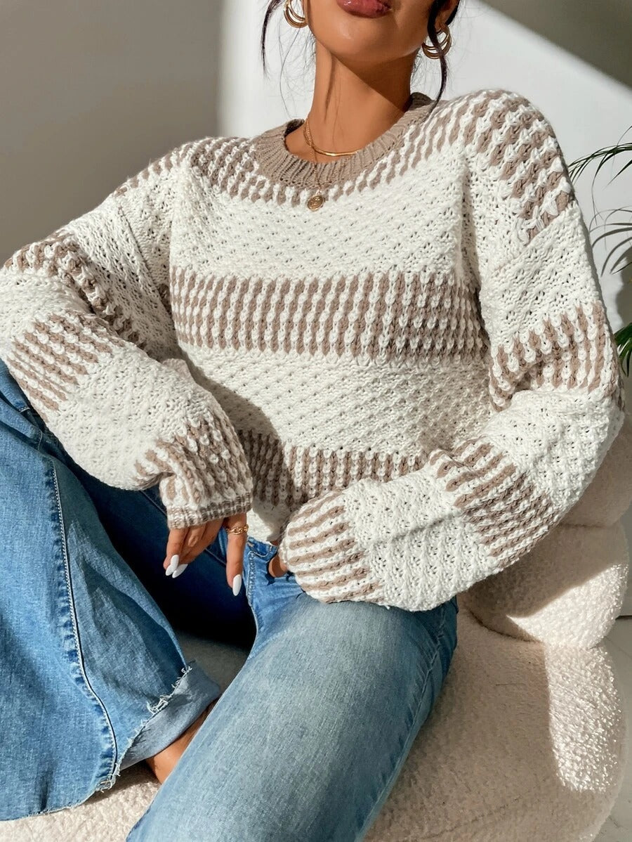 Damen Strickpullover mit strukturierter Oberfläche und modischen Streifen EB