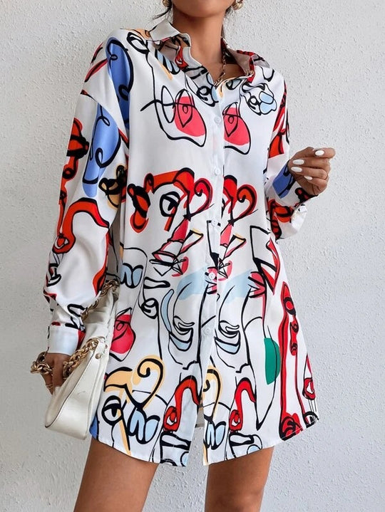 Damen Hemdblusenkleid im modernen Kunstdesign EB