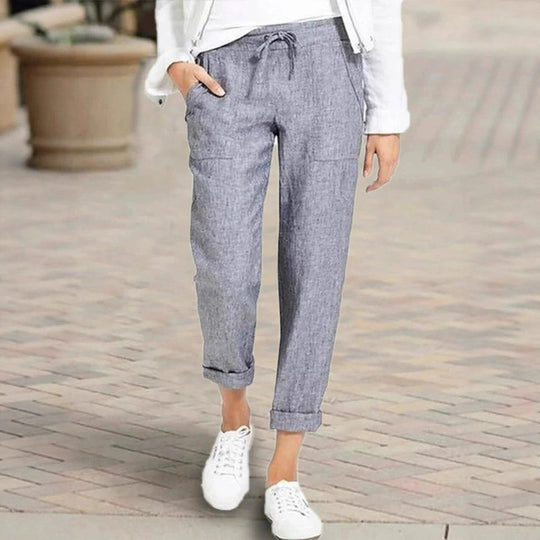 Damen entspannte Leinenhose mit elastischem Bund und praktischen Taschen EB