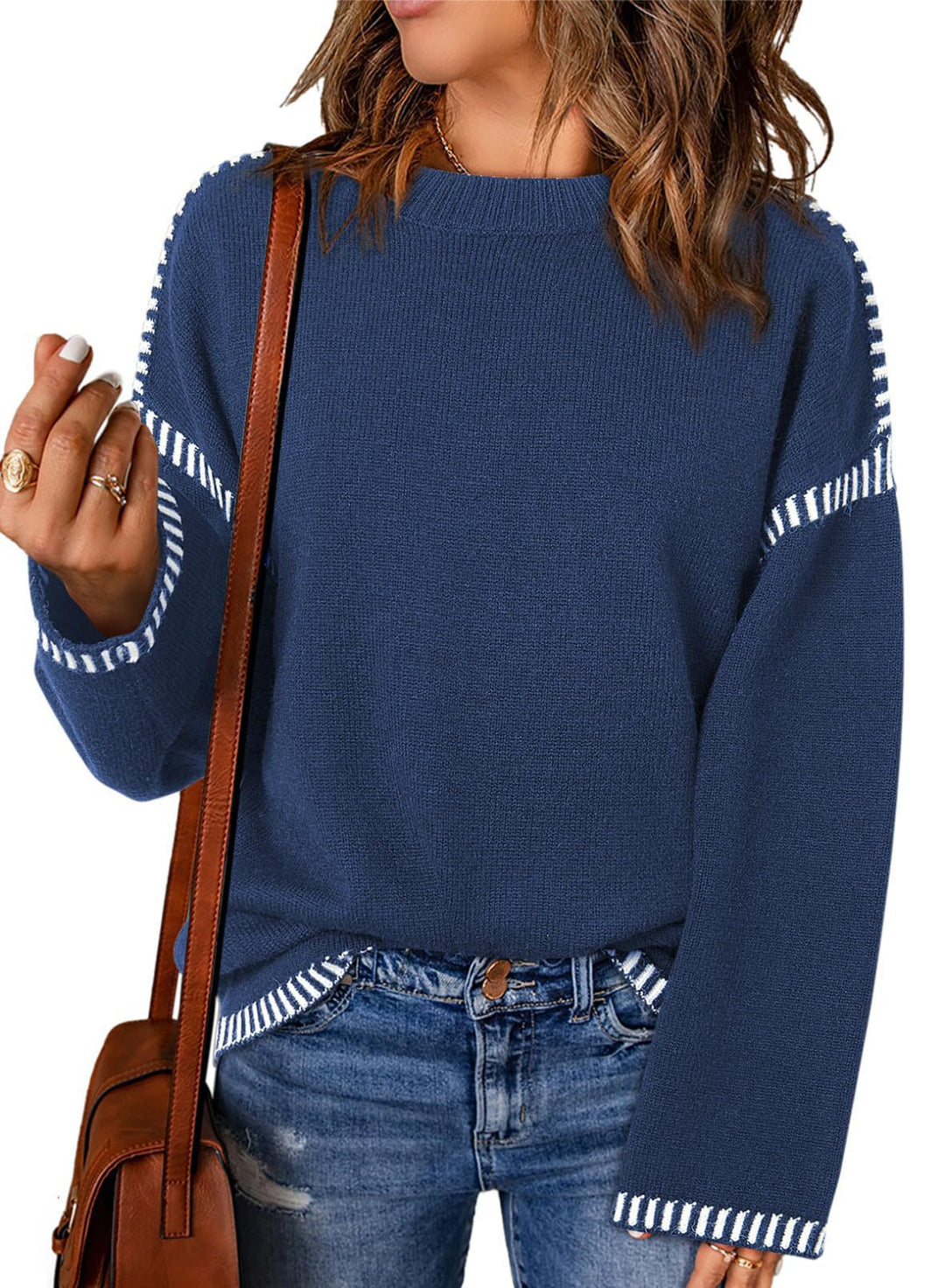 Damen modischer Pullover mit kontrastierenden Ärmelabschlüssen und legerem Schnitt EB
