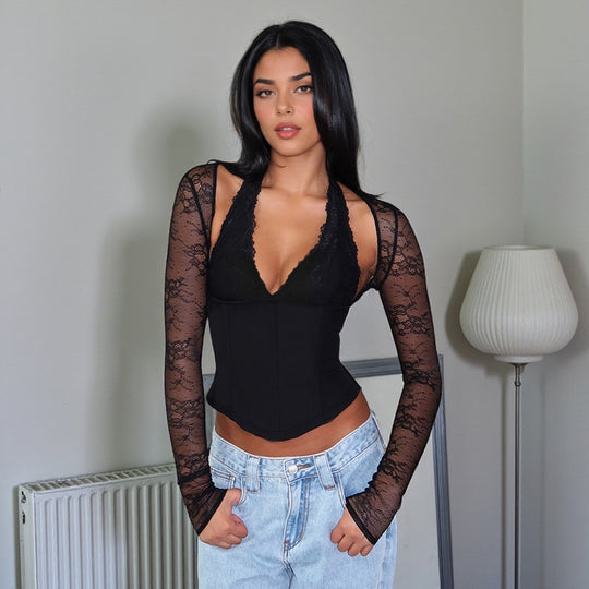 Damen eleganter Body mit Spitzendetails und tiefem V-Ausschnitt EB