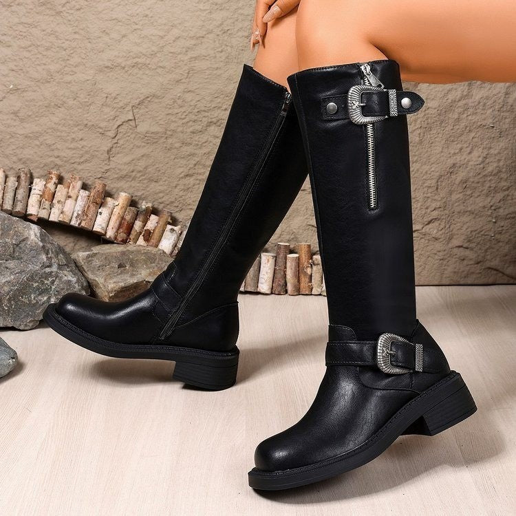 Damen Lange Stiefel mit modischem Gürtel und robustem Profil EB