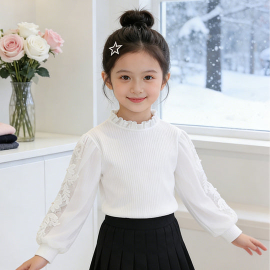 Mädchen elegante Bluse mit Rüschen und bestickten Ärmeln EB