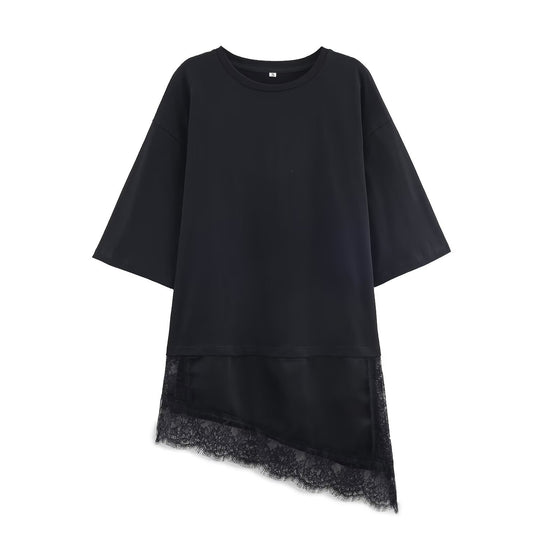Damen asymmetrisches T-Shirt mit Spitzenbesatz EB