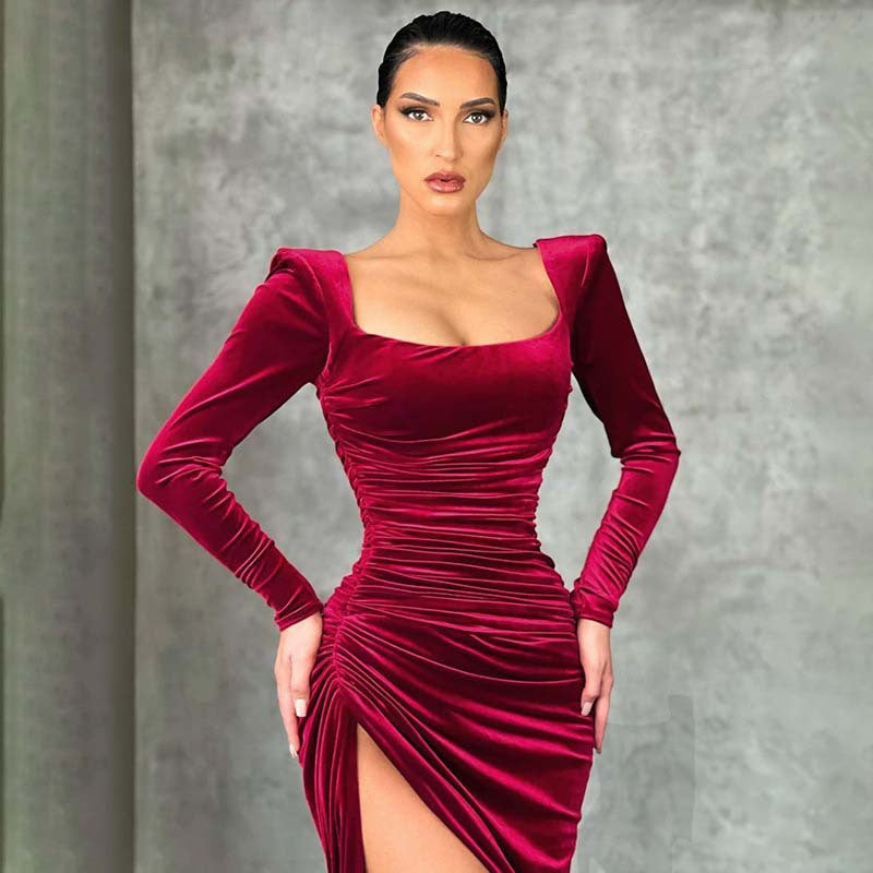 Damen elegantes Raffungskleid mit tiefem Schlitz und Puffärmeln EB