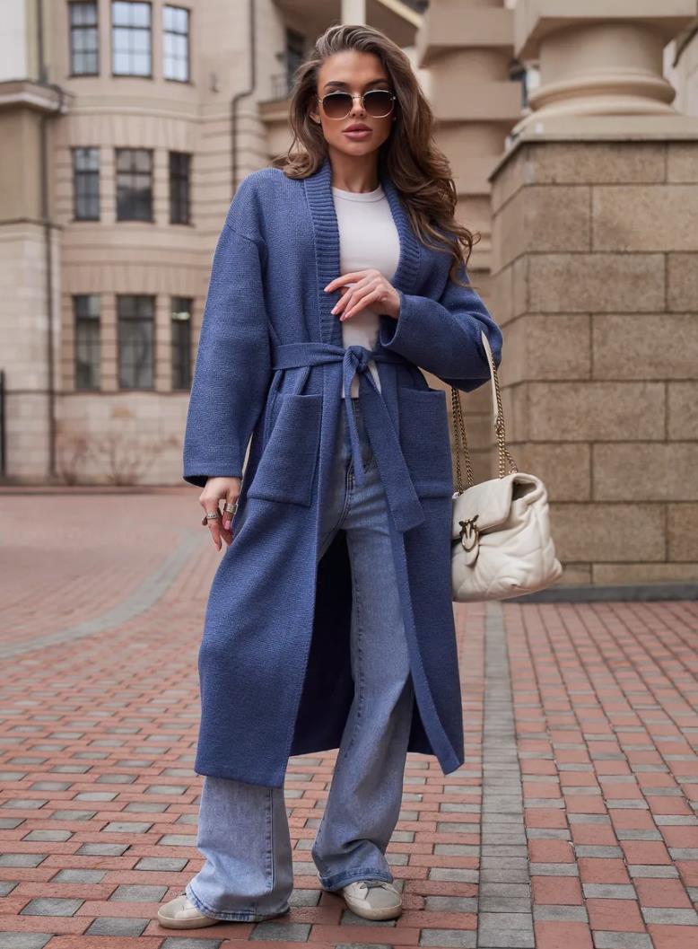 Damen Strickmantel mit Gürtel und praktischen Taschen EB