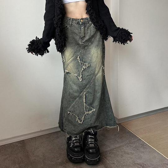 Damen nan vintage Denim-Maxirock mit ausgefransten Patches und diagonalen Ziernähten EB