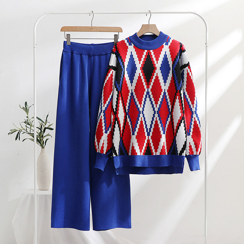 Damen modisches Strick-Loungewear-Set mit geometrischem Muster und weitem Schnitt EB