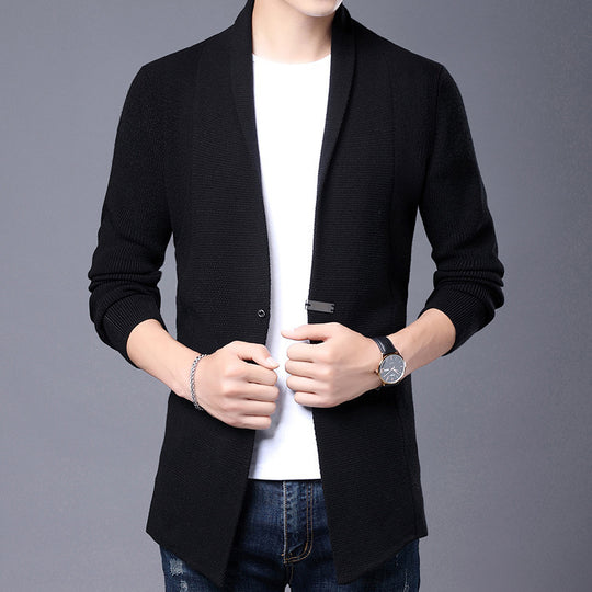 Herren Langarm Strickjacke mit modernem Schalkragen und asymmetrischem Saum EB