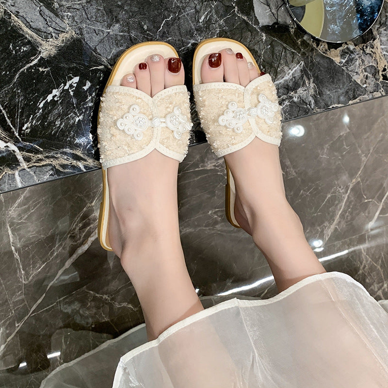 Damen nan elegante Mule mit quadratischer Zehenpartie Bouclé-Obermaterial und Perlenverzierung EB