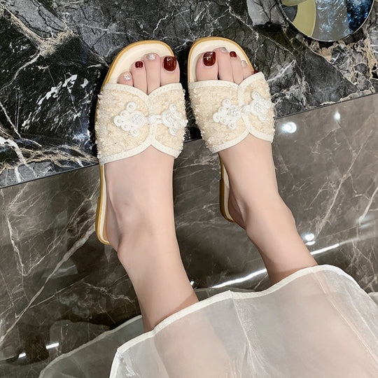 Damen nan elegante Mule mit quadratischer Zehenpartie Bouclé-Obermaterial und Perlenverzierung EB
