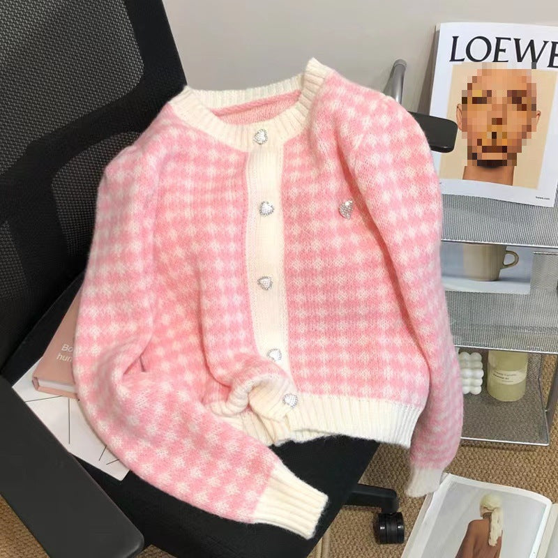 Damen weicher Cardigan mit strukturiertem Karomuster und Herzen EB