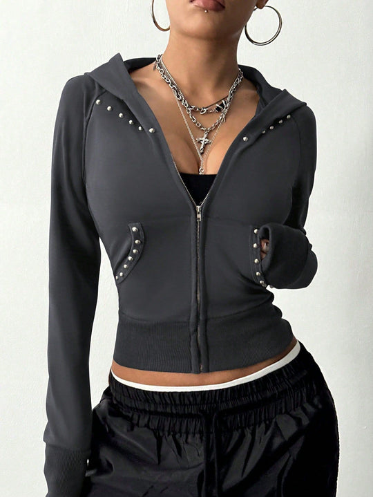 Damen modische Zip-Hoodie mit Silberschmuck-Details EB