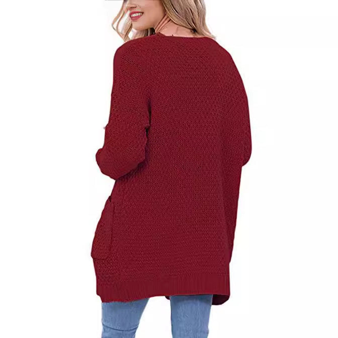 Damen gemütlicher Strickcardigan mit Taschen und Zopfmuster EB