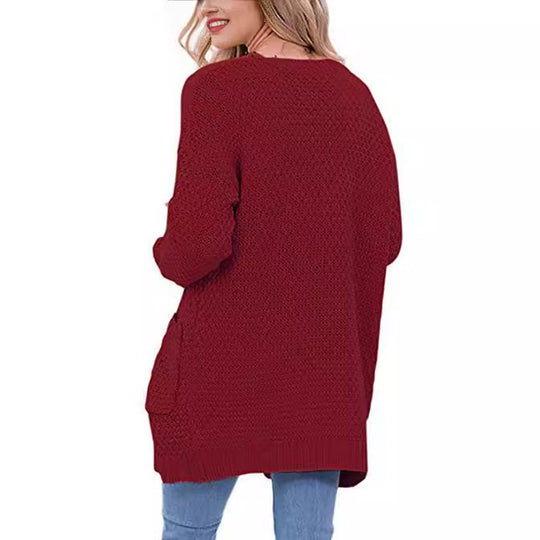 Damen gemütlicher Strickcardigan mit Taschen und Zopfmuster EB