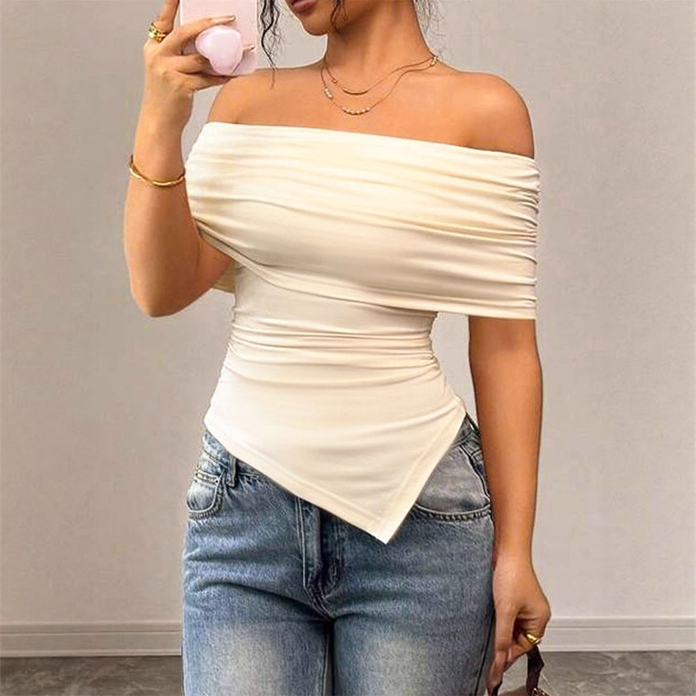 Damen Off-Shoulder Blusenshirt mit asymmetrischem Saum und Raffung EB