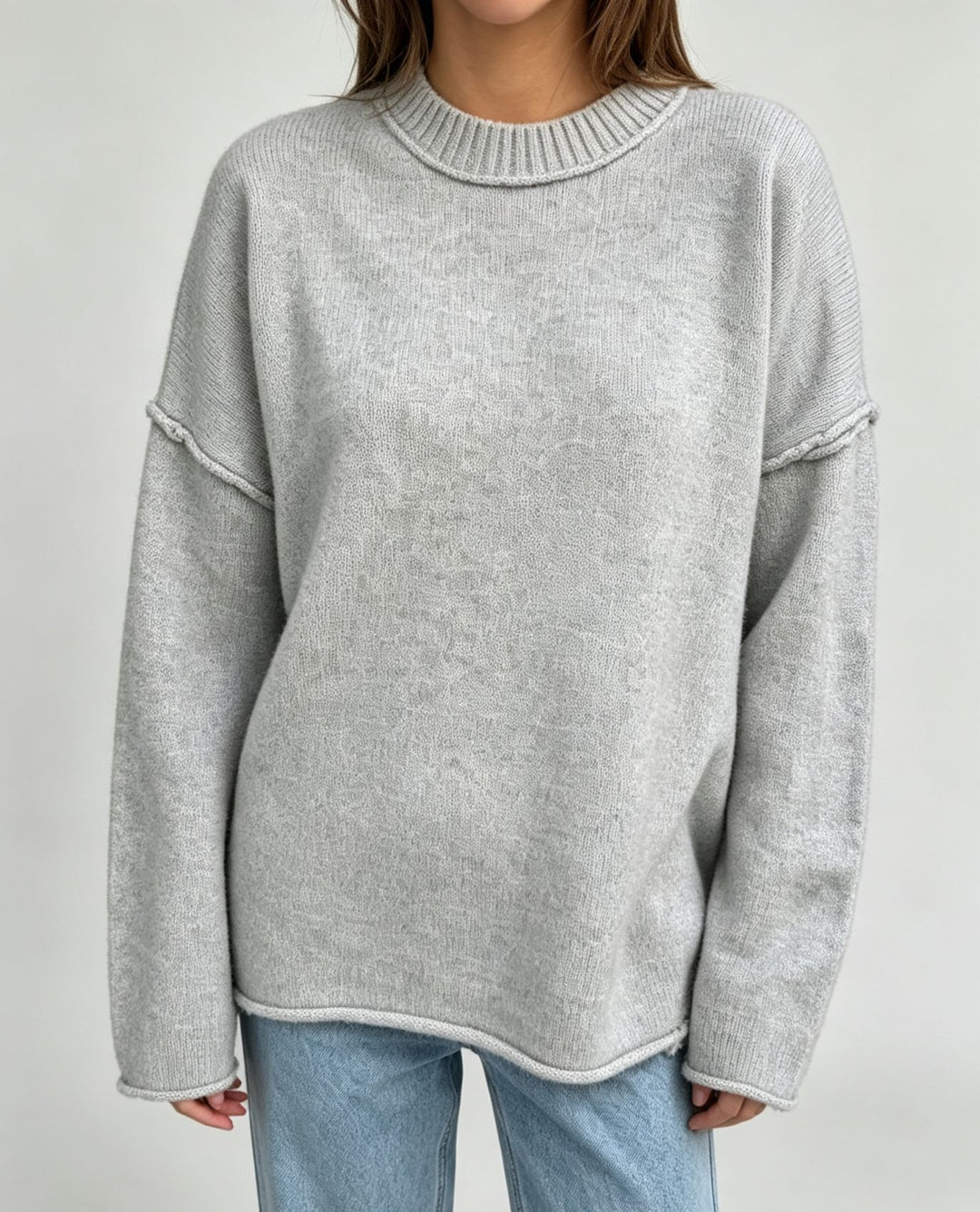 Damen Oversize-Boxy-Pullover mit kurzem Stehkragen und dekorativer Kantennaht EB