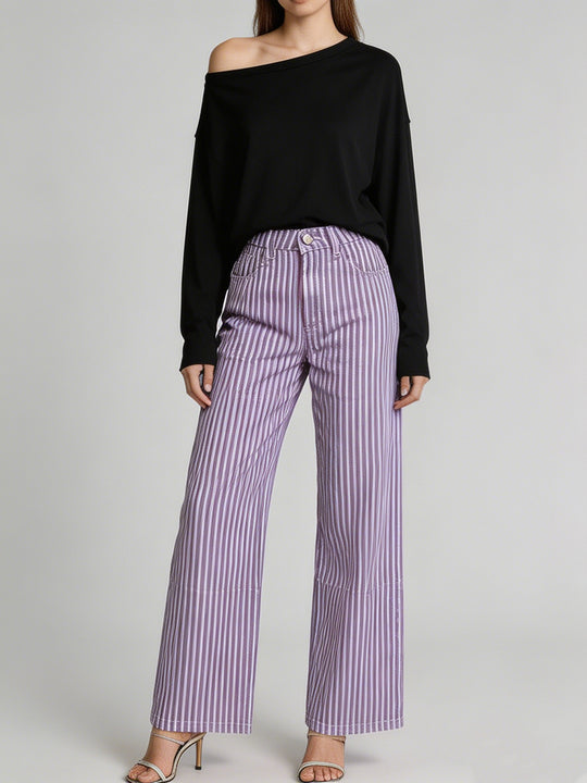 Damen nan weite High-Waist Palazzohose mit vertikalen Streifenoptik und abgesteppten Kniepartien EB