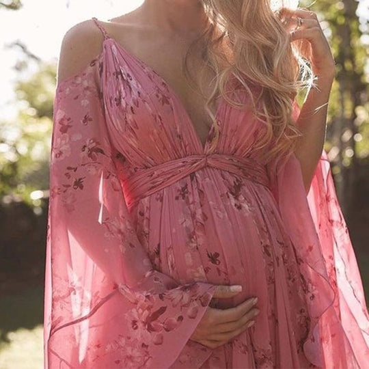 Damen Luftiges Maxi-Kleid mit floralen Akzenten und schwingenden Ärmeln EB