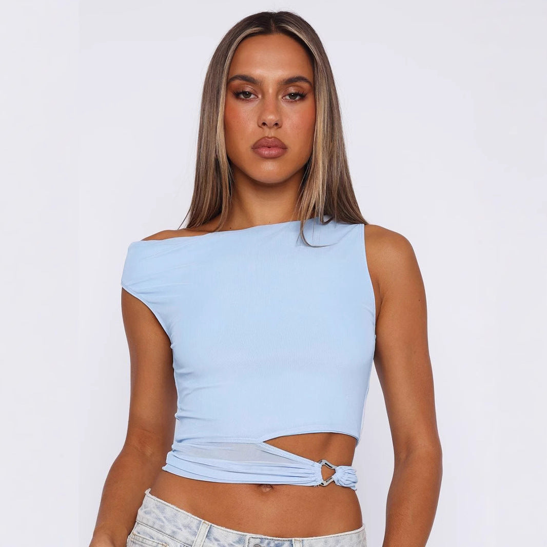 Damen Crop-Top mit asymmetrischem Schnitt und dekorativem Ringdetail EB