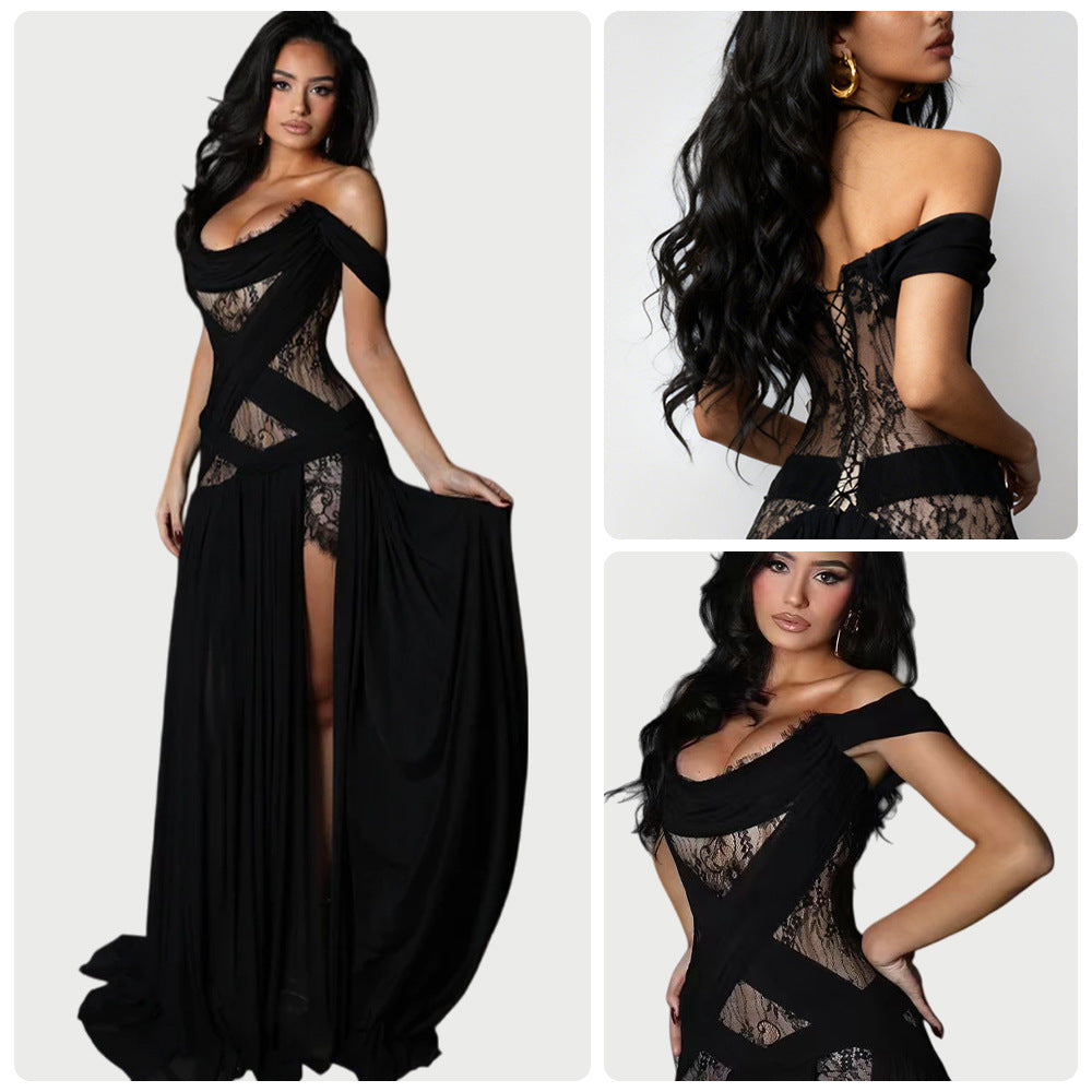 Damen Abendkleid mit transparenten Spitzeinsätzen und verführerischem Schnitt EB