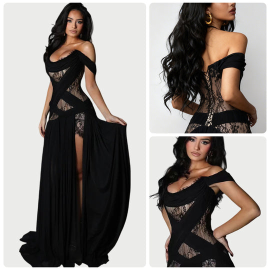 Damen Abendkleid mit transparenten Spitzeinsätzen und verführerischem Schnitt EB
