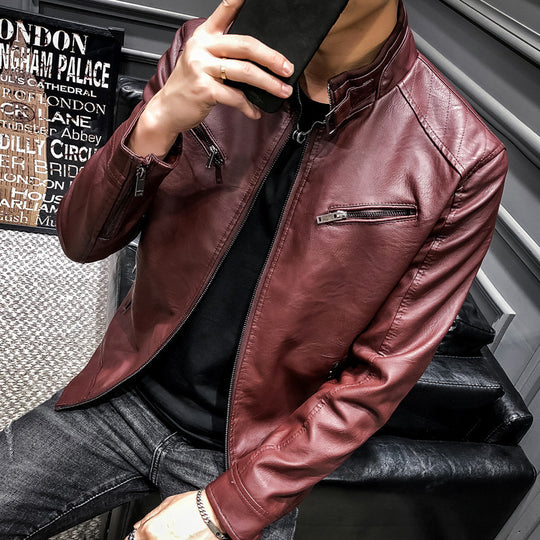 Herren Kunstleder-Motojacke mit hohem Stehkragen und Reißverschlusstaschen EB