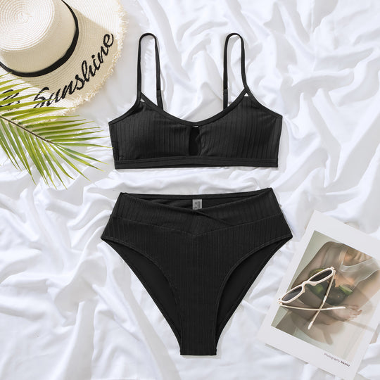 Damen Hochtaillierter Ripp-Bikini mit eleganter Schlüssel-Ausschnitt-Details EB