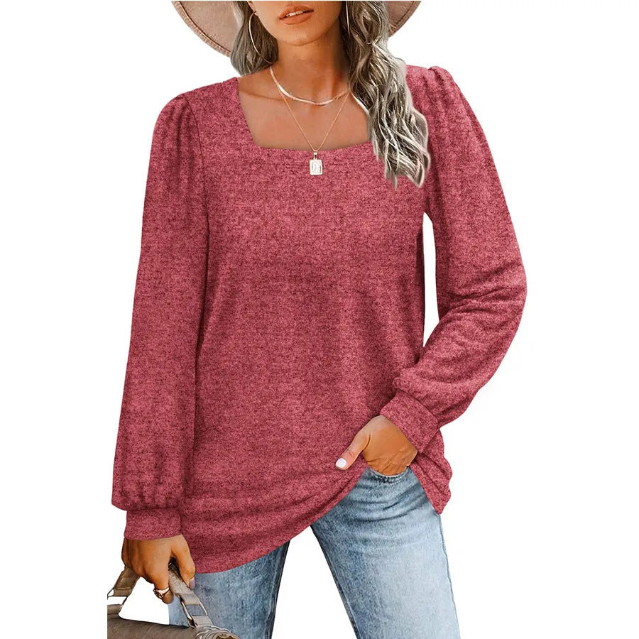 Damen Legerer Feinstrick-Pullover mit quadratischem Ausschnitt, Puffschulter und Bündchen EB