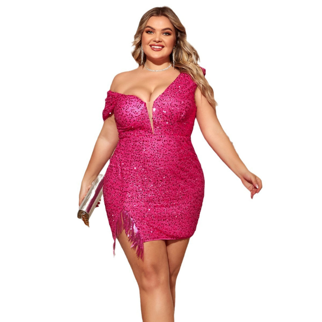 Damen Funkelndes Minikleid mit asymmetrischem Ausschnitt und Fransen EB