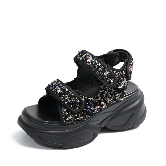 Damen Glamouröse Plateau-Sandalen mit verstellbaren Riemen und funkelnden Applikationen EB