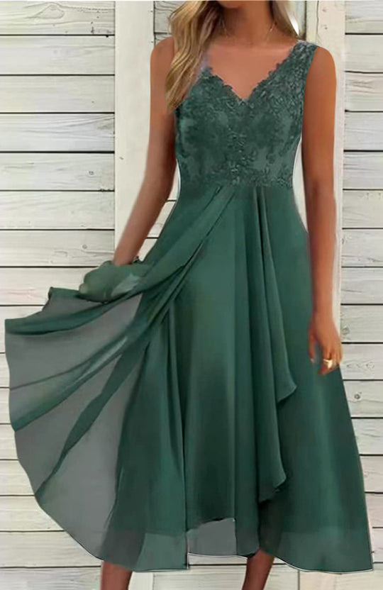 Damen nan elegantes Abend-Midikleid mit bestickter Spitzen-Büste, taillierter Drapierung und fließendem Lagenrock EB