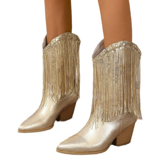 Damen kniehohe Fransen-Cowboystiefel mit feiner Perlenfransen-Verzierung und geformtem Blockabsatz EB