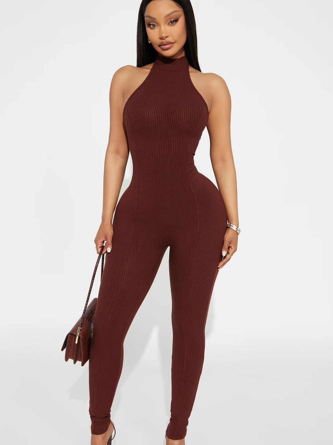 Damen figurbetonter Jumpsuit mit hohem Kragen und Rippstruktur EB