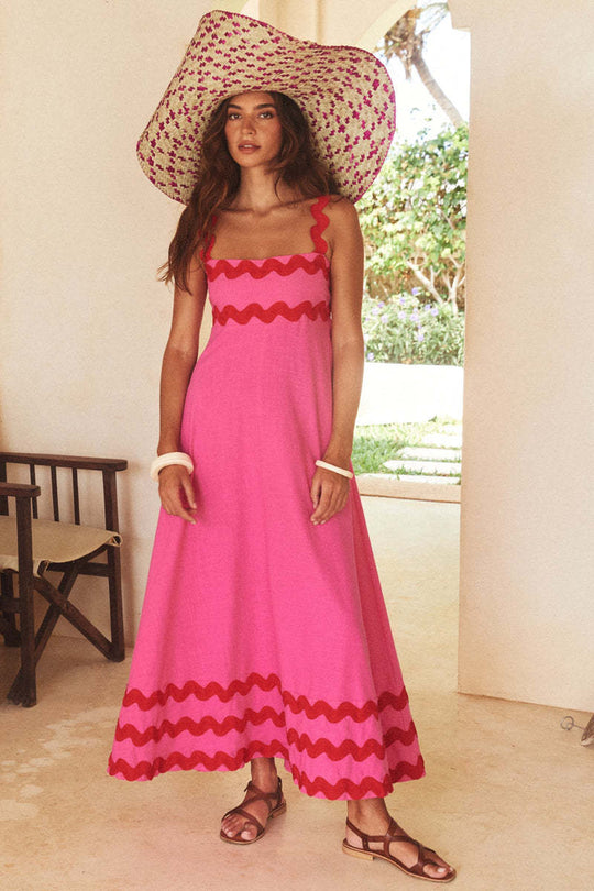 Damen Maxikleid mit elegantem Wellenmuster und fließendem Rock EB
