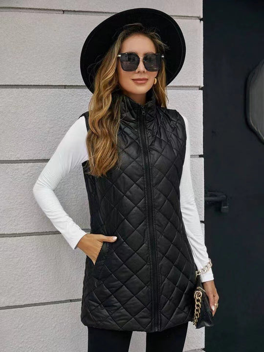 Damen Longline Steppweste mit Stehkragen und wattierter Fütterung EB