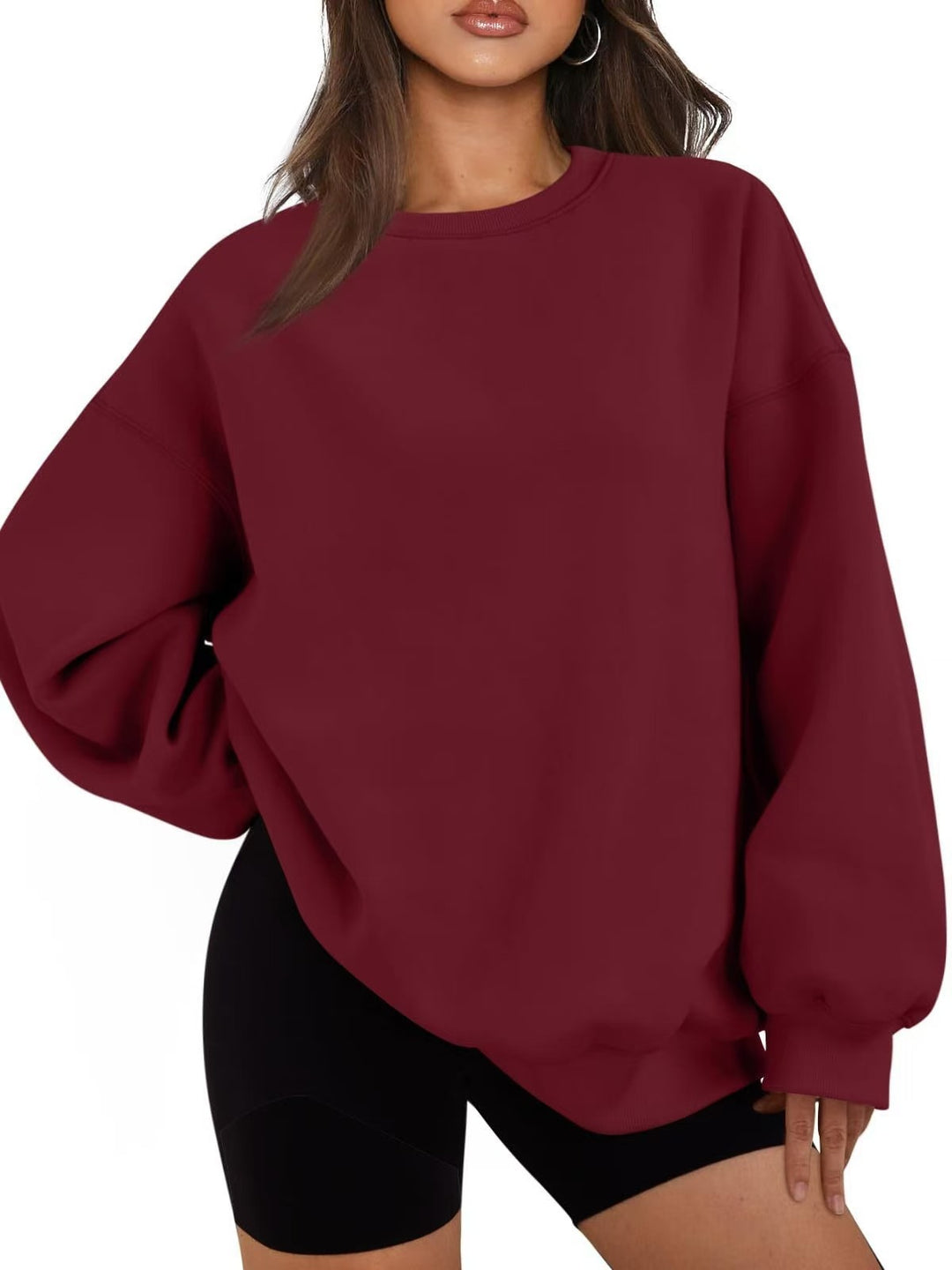 Damen nan Oversized Rundhals-Sweatshirt mit überschnittener Schulter, weichem Fleece-Innenfutter und gerippten Bündchen EB