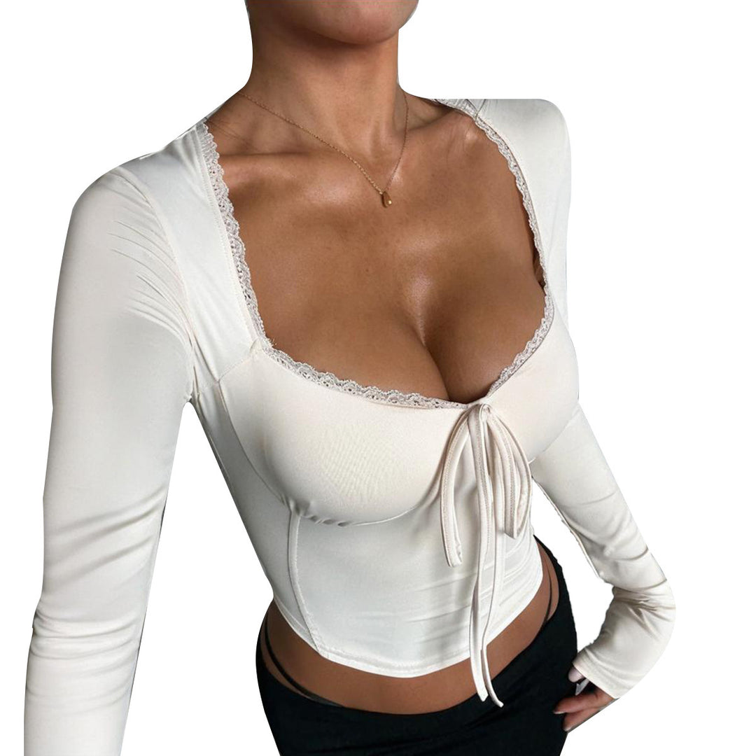 Damen langärmliges Crop-Top mit raffinierten Bindeband und elegantem Ausschnitt EB
