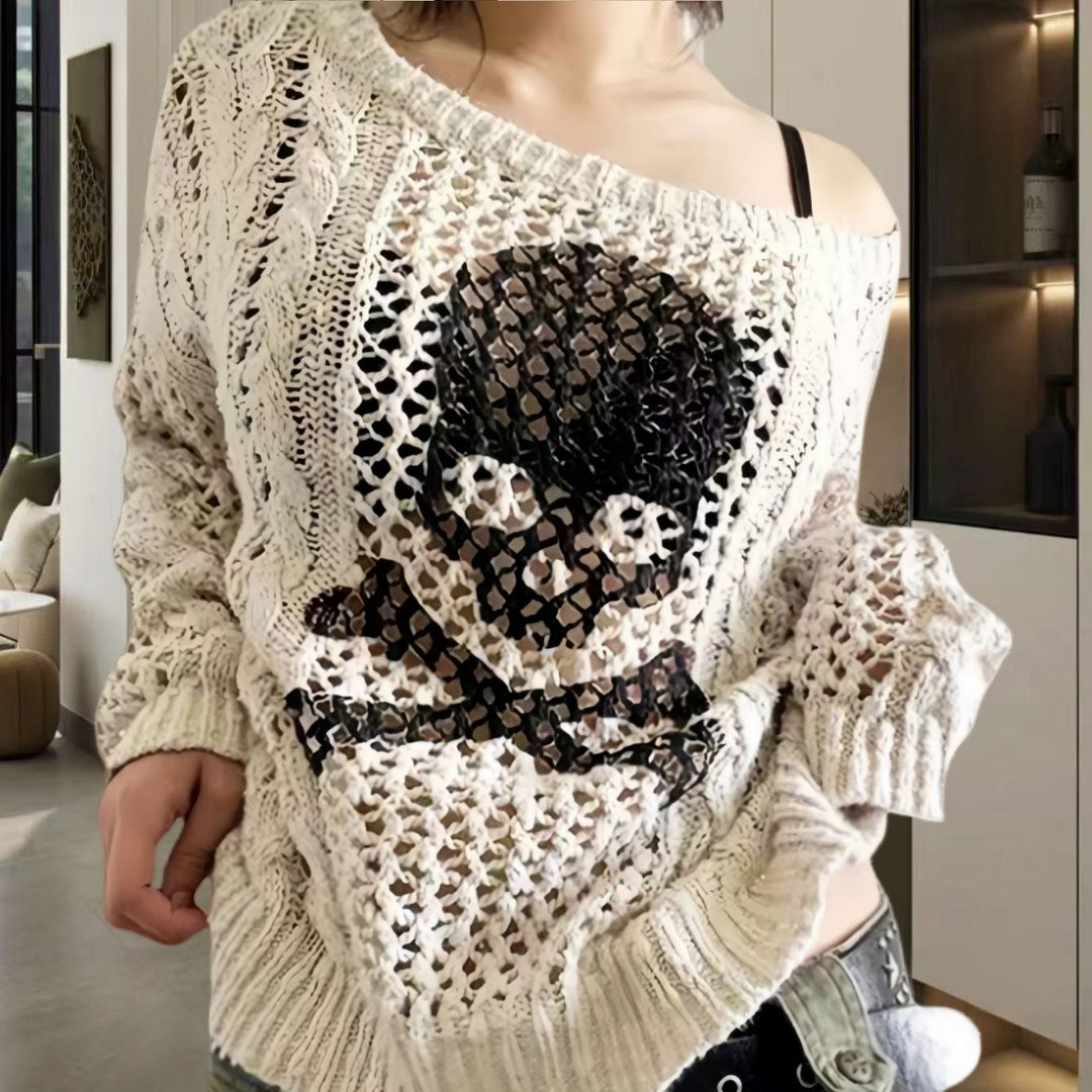 Damen Oversized Strickpullover mit kreativem Lochmuster und Anker-Design EB