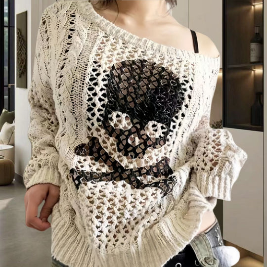 Damen Oversized Strickpullover mit kreativem Lochmuster und Anker-Design EB