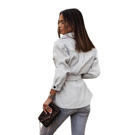 Damen modische Oversized-Jacke mit Gürtel und dekorativen Taschen EB