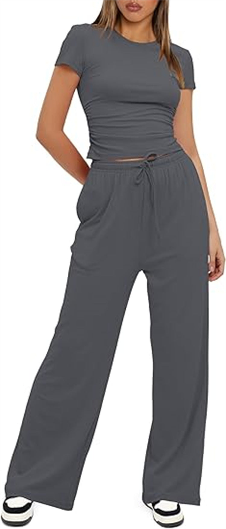 Damen lässiger Zweiteiler mit cropped Oberteil und weitem Beinkleid EB