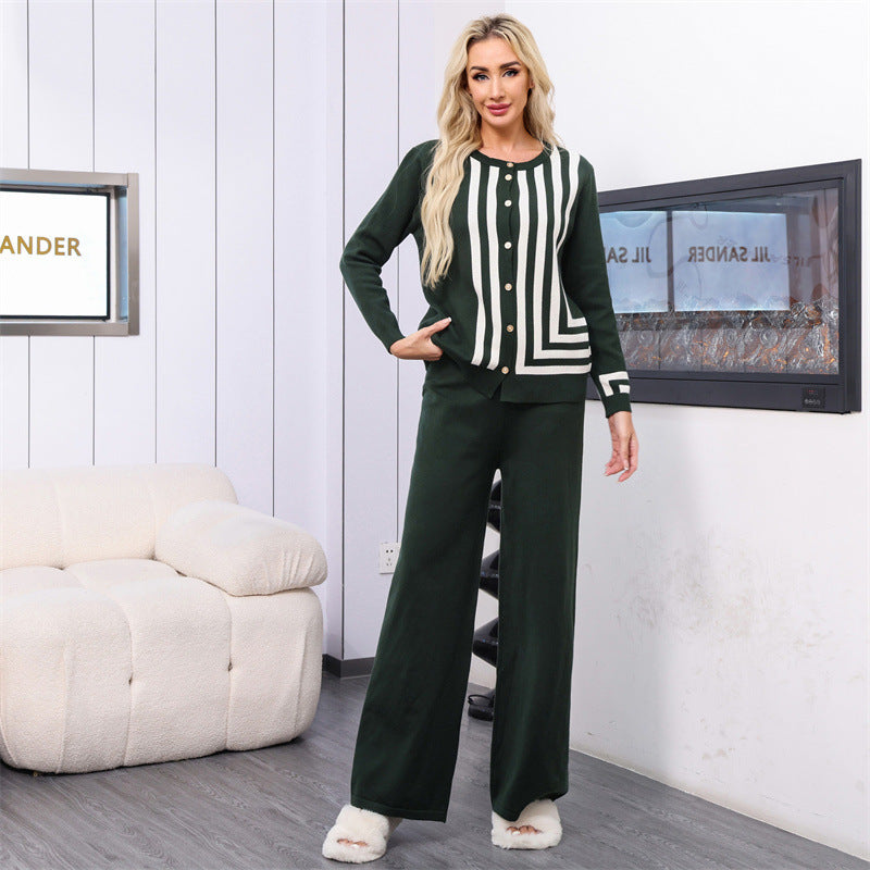 Damen elegantes Strick-Loungewear-Set mit grafischem Muster und Knopfdetaillierung EB