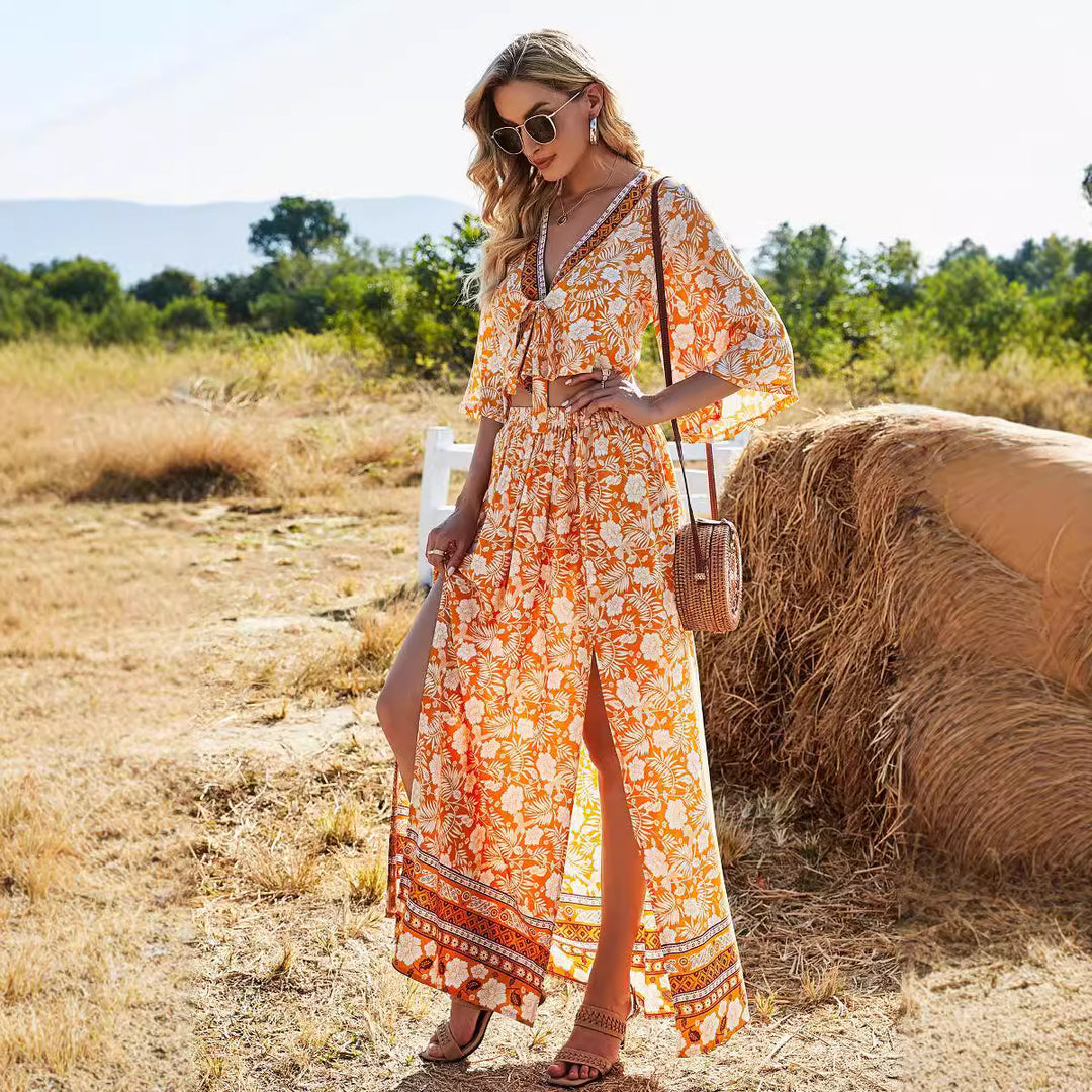 Damen Maxikleid mit floralem Boho-Design und tiefem V-Ausschnitt EB