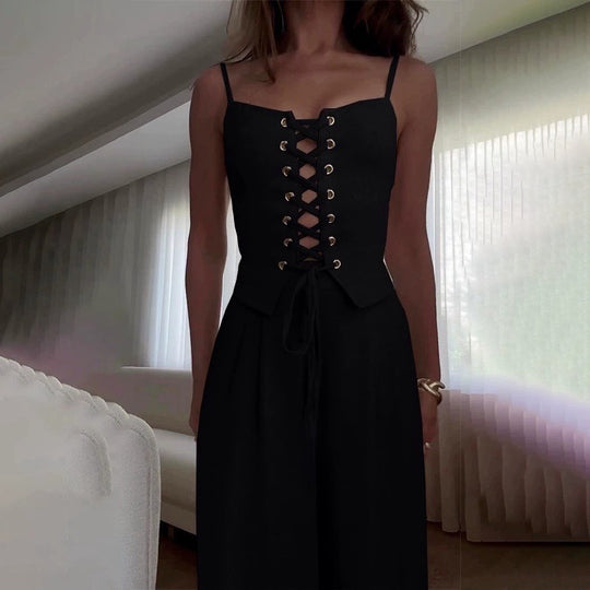Damen Jumpsuit mit femininer Schnürung und weit geschnittenem Bein EB